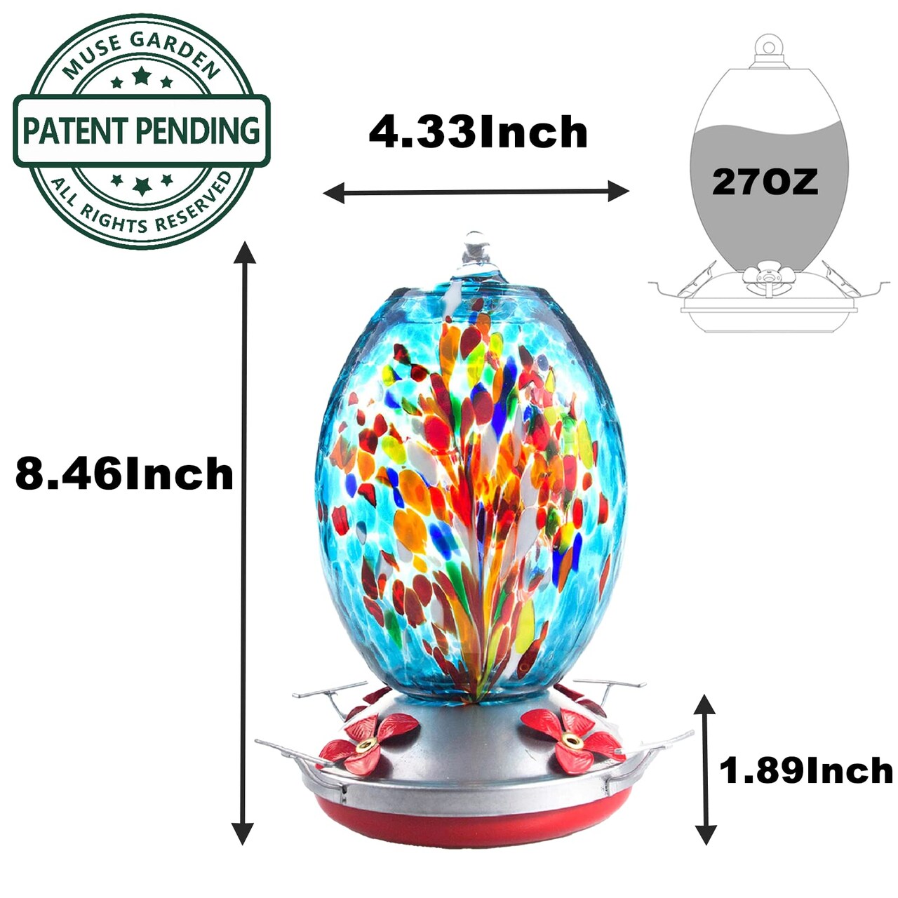 Hummingbird Feeders for Outdoors Hanging, Blown Glass Hummingbird Feeder, for Garden Backyard Decor, Unique Gifts Idea for Mom Older Women, 27OZ, Blue Fireworks